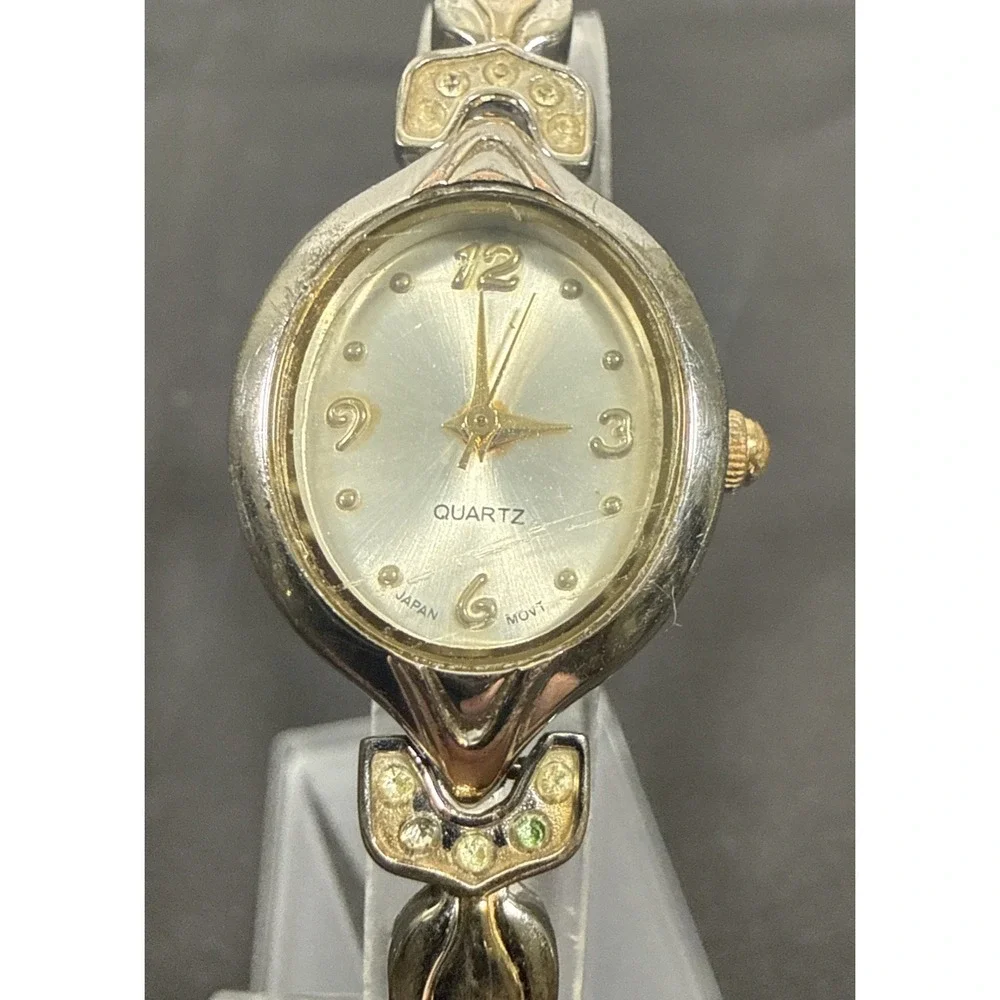 Unbranded Quartz Wristwatch Women Silver Gold Two Tone Oval Rhinestone Accent